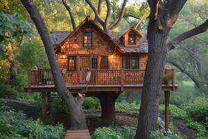 ai generado linda pequeño árbol casa para niños en el bosque foto