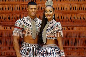 AI generated Portrait of a man and a woman in national costumes. Polynesia photo