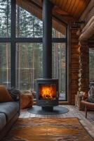 AI generated cast-iron stove in a rustic house with a fire lit inside to heat the house photo