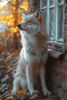 AI generated A grey wild Wolf is sitting near the house photo