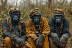 AI generated Gorillas in clothes are sitting on a couch outside photo