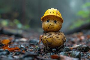 ai generado patatas en un amarillo sombrero con un triste sonriente cara foto