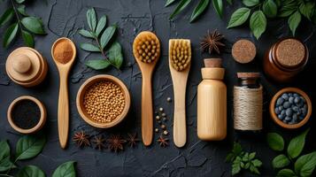 AI generated eco-friendly disposable tableware made of paper and wood with spices on a black background. the concept of recycling photo