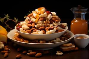 AI generated A wooden bowl with assorted nuts and honey on the table on a black background. Walnuts, pistachios, almonds, hazelnuts and cashews photo