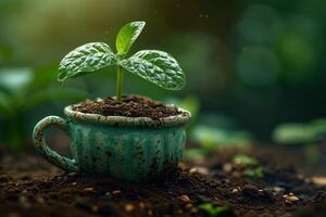 AI generated A green young plant in a flower pot, germinating seeds in a glass photo