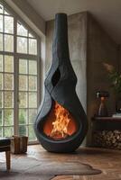 AI generated Modern designer black cast iron fireplace in a country house with a burning fire photo