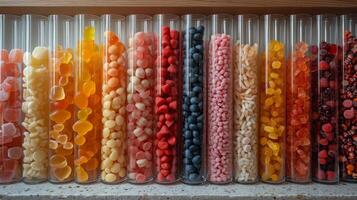 AI generated Glass flasks with colorful delicious candies on the shelf photo