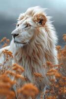 AI generated Portrait of a white lion in a field in summer photo