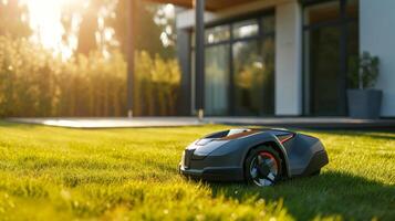 AI generated A robotic lawn mower stands on the lawn near the house at sunset photo