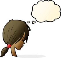 cartoon girl looking thoughtful with thought bubble png