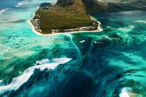 A bird's-eye view of Le Morne Brabant, a UNESCO world heritage site.Coral reef of the island of Mauritius photo