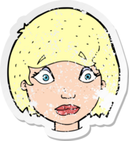 retro distressed sticker of a cartoon worried female face png