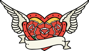 tatuagem tradicional de um coração voador com flores e banner png