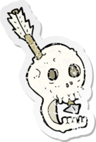 retro distressed sticker of a funny cartoon skull and arrow png