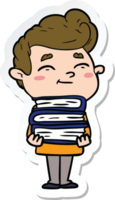 sticker of a happy cartoon man with stack of new books png