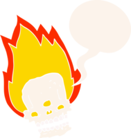 crâne enflammé de dessin animé effrayant et bulle de dialogue dans un style rétro png