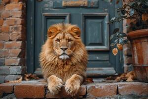 AI generated A big lion is sitting guarding the front door of the house photo