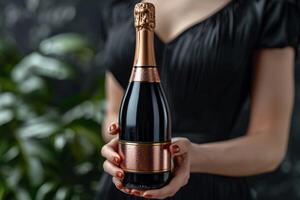 AI generated Close-up of a woman's hand holding a bottle of champagne. Place for the inscription photo