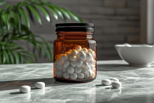 AI generated white capsules for medicines or food additives in a transparent plastic bottle are on the table. photo