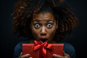 AI generated A young African American woman holds a gift box on a black background photo