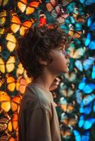 AI generated A boy on a background of colorful butterflies. textured background. 3d illustration photo