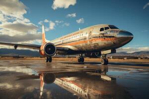 ai generado un grande pasajero avión en un aeropuerto pista foto