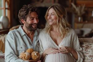 AI generated A pregnant girl is sitting with her husband on the couch at home with ice cream photo
