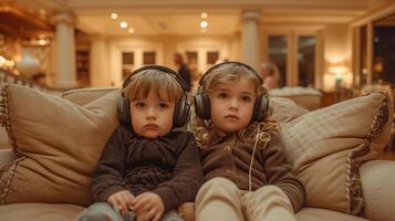 ai generado dos triste niños son sentado en el sofá con auriculares en en contra el antecedentes de su padres' fiesta foto