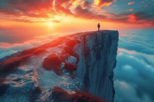 AI generated A man standing on top of a mountain. A conceptual photo composition of goals and achievements