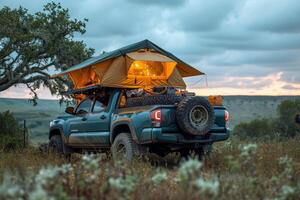 AI generated An SUV with a tent on the roof in the wild. Traveling by car photo