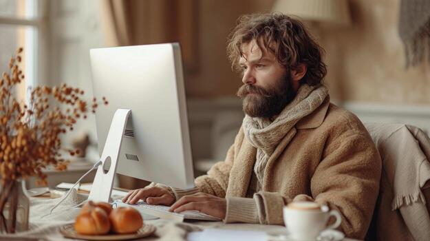 AI generated Portrait of a man working at home on a computer. The concept of a freelancer photo