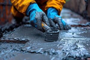 AI generated On freshly cast cement mortar at a construction site. The construction process photo