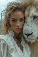 AI generated Beautiful fashionable young woman with a beautiful big lion photo