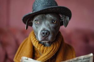 ai generado un perro en un sombrero y ropa lee un letra en un rosado antecedentes foto