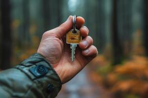 AI generated A man's hand holding the key to the house against the background of nature photo