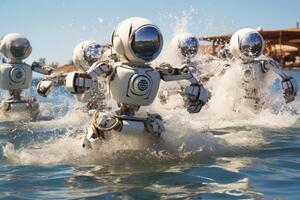 AI generated A group of robots from the future is running on water. Robotization photo