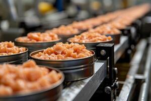 AI generated Production of canned fish. Tin cans of fish on the conveyor photo