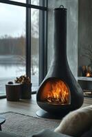 AI generated Modern designer black cast iron fireplace in a country house with a burning fire photo