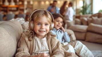 ai generado dos alegre niños son sentado en el sofá con auriculares en en contra el antecedentes de su padres' fiesta foto