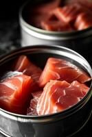 AI generated Production of canned fish. Tin cans of fish on the conveyor photo