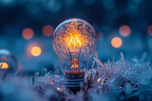 AI generated An ordinary incandescent light bulb stands outside in winter and burns photo