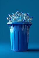 AI generated Lots of plastic bottles in a bucket on a blue background photo