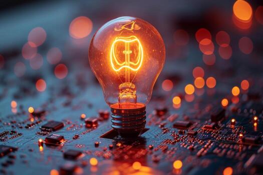 AI generated An ordinary incandescent light bulb stands on a chip and burns at night photo