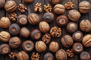 AI generated Walnuts in the shell and without it lie on the surface. Background of fresh walnuts photo