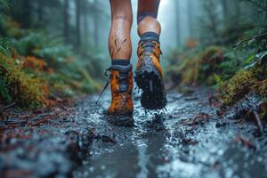 AI generated A man walking through mud in the middle of the jungle in rainy weather photo