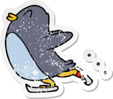 distressed sticker of a cartoon penguin ice skating png