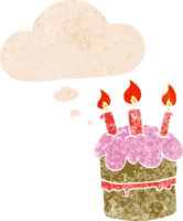 gâteau d'anniversaire de dessin animé et bulle de pensée dans un style texturé rétro png