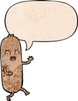 cartoon dancing sausage and speech bubble in retro texture style png