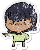 distressed sticker of a annoyed cartoon girl making accusation png