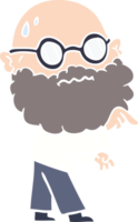 flat color style cartoon worried man with beard and spectacles pointing finger png